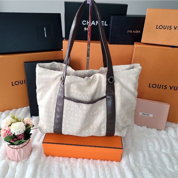 BVLGARI| Logo Mania Canvas and Leather Tote Bag| Women's Bag - Picture 2 of 13